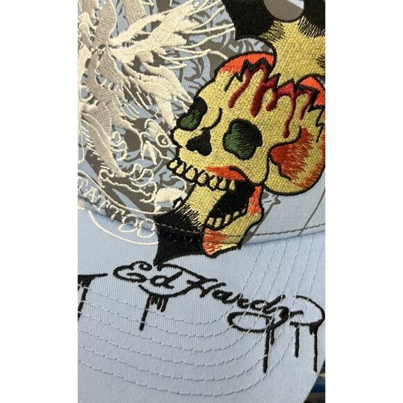 Ed Hardy Trucker Hat Embroidered Tattoo Eagle Skull Blue Mesh Snapback Cap New - Picture 3 of 15